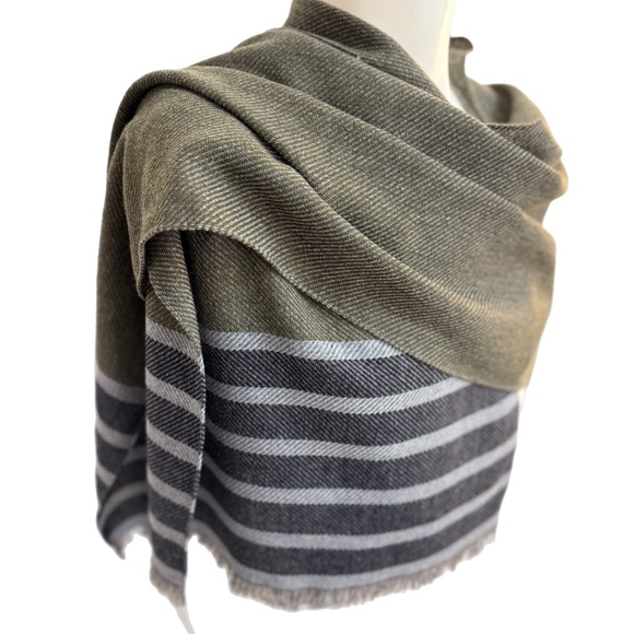 Profuomo Made in Italy Wool Blend Scarf 🇮🇹 – Olive & Charcoal Striped – NWT - Picture 7 of 12
